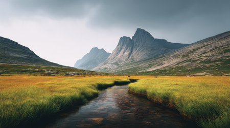 This breathtaking landscape features dramatic mountain peaks under moody clouds, with a serene stream flowing through vibrant grasslands, inviting tranquil exploration and adventure.の素材