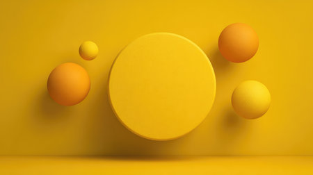 Vibrant abstract art featuring floating spheres and a circular shape in a sunny yellow background, perfect for design inspiration and modern aesthetic projects.の素材