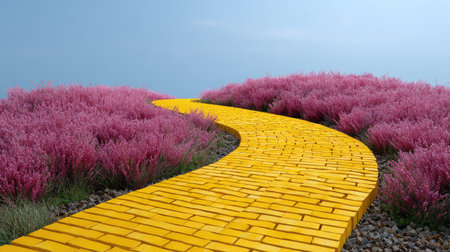A captivating winding pathway made of yellow bricks, surrounded by lush pink foliage, creates a serene and vibrant landscape perfect for travel and nature lovers.の素材