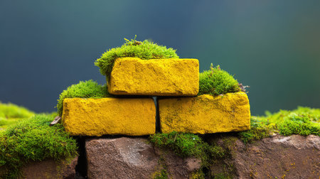 A stunning arrangement of bright yellow blocks nestled among lush green moss on a natural stone surface, creating a peaceful and serene outdoor atmosphere.の素材