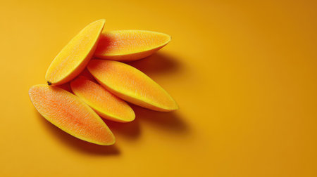 Colorful mango slices beautifully arranged on a vibrant orange background offer a feast for the eyes, perfect for showcasing freshness and tropical flavors.の素材