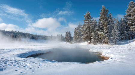 A captivating winter landscape showcasing a hot spring surrounded by snow-covered trees, evoking a sense of tranquility and natural beauty in a refreshing wilderness setting.の素材