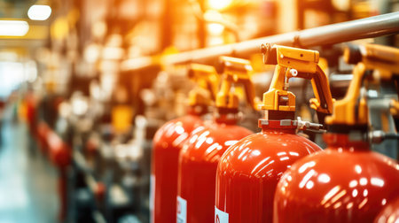 Close-up of factory fire safety equipment, including extinguishers and first aid kits, with factory machinery blurred in the background and space for copy.の素材