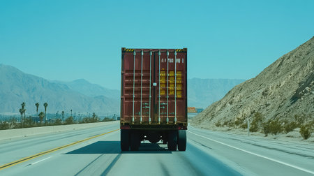 A close-up of a truck carrying freight containers, driving down an empty highway under clear skies, with plenty of room for transport-related text.の素材