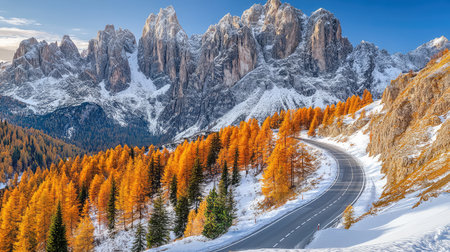 A highway winding through a snowy mountain pass, with pine trees on the side and clear skies above, offering ample copy space.の素材