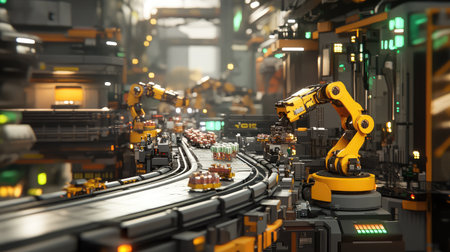 Factory automation scene with robotic arms assembling products on a conveyor belt, cyberpunk-style futuristic background with copy space.の素材
