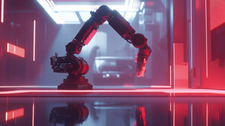Autonomous robotic arms working in a futuristic car manufacturing plant, digital transformation in industrial automation with copy space.の素材