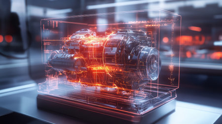 Digital holographic interface displaying a D model of an engine blueprint, glowing with futuristic neon details. A high-tech engineering and innovation background.の素材