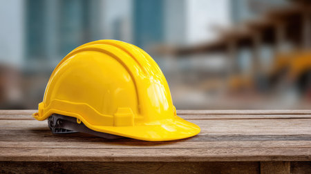 A vibrant yellow hard hat placed on a rustic wooden surface, highlighting essential safety gear in a construction setting. Perfect for workplace safety themes.の素材
