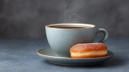 A steaming cup of dark coffee alongside a glazed donut invites warmth and comfort. This cozy setup is perfect for enjoying a delightful breakfast or a sweet afternoon snack.の素材