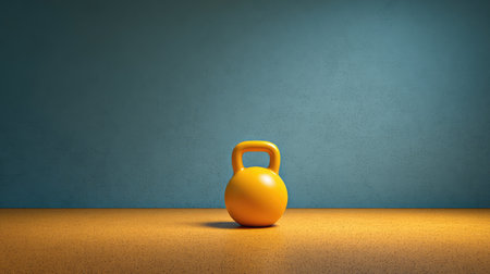 Bright yellow kettlebell sits prominently against a textured blue background, highlighting fitness themes and motivating a healthy lifestyle in a gym or home setting.の素材