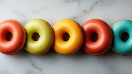 A vibrant lineup of colorful donuts resting on a polished marble surface, perfect for promoting indulgent treats and inviting dessert presentations.の素材
