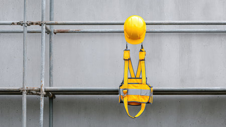 A bright yellow hard hat and safety vest hang on scaffolding against a gray wall, symbolizing construction safety and responsibility in industrial environments.の素材