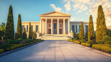 A luxurious two-story mansion with a grand entrance, large pillars, and a beautiful garden. Copy space.の素材