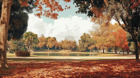 A beautiful autumn morning in a park with leaves in brilliant shades of red, orange, and yellow. The wide open scene offers plenty of copy space.の素材