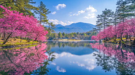 A calm lake surrounded by tall trees and colorful spring blossoms. The clear sky above and still water offer the perfect backdrop for copy space.の素材