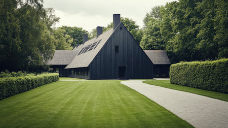 A contemporary Scandinavian-style house with black-and-white design, sharp architectural lines, and a well-maintained lawn. Copy space.の素材