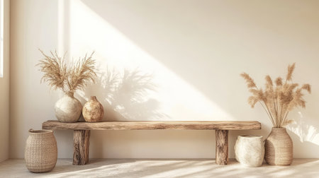 Large empty wall with wooden console table, decorative vases, and plants. Clean and stylish design with copy space.の素材