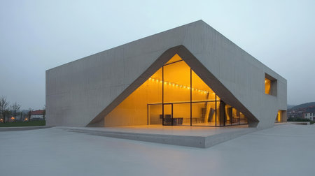 Minimalist concrete house with a striking geometric design, large windows, and soft outdoor lighting. Copy space.の素材