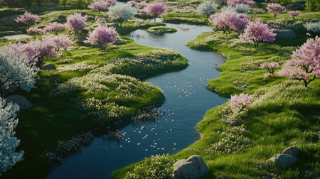 A spring landscape with bright green grass, colorful blossoms, and a peaceful river winding through the scenery. The tranquil atmosphere allows for plenty of room for copy.の素材