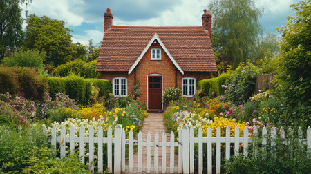 A quaint cottage surrounded by a charming garden with blooming flowers, hedges, and a white picket fence. The peaceful scene offers plenty of room for copy.の素材