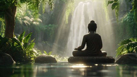 A meditating Buddha statue in a peaceful garden, surrounded by lush greenery and soft sunlight, with ample space above for text or creative designの素材