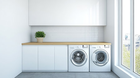 Modern laundry room with white cabinets, washer and dryer, and wooden countertop. Clean and bright copy space.の素材