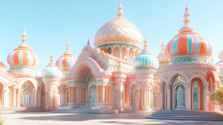 Hindu temple with stone carvings and colorful domes, vibrant architectural details with clear open spaceの素材