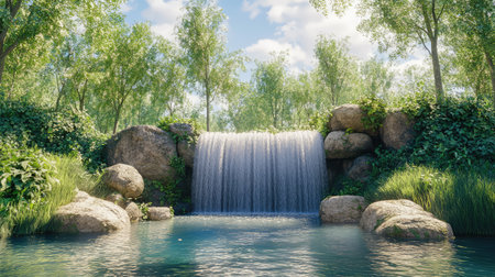 A peaceful waterfall in a forest clearing, water flowing over smooth stones into a tranquil pool. The large open sky above offers perfect space for copy.の素材