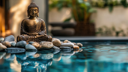 Buddha statue beside Zen fountain with smooth pebbles, spa-like composition with tranquil copy spaceの素材