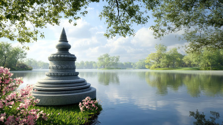 A stupa overlooking a tranquil lake, surrounded by flowering trees, with soft reflections and space for content designの素材