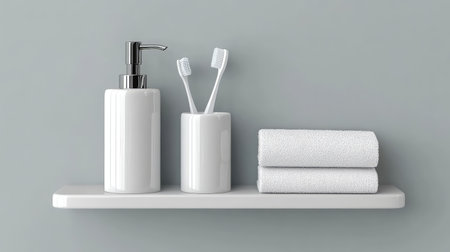 White ceramic soap dispenser and matching toothbrush holder placed on a minimalist bathroom shelf. Copy space available.の素材