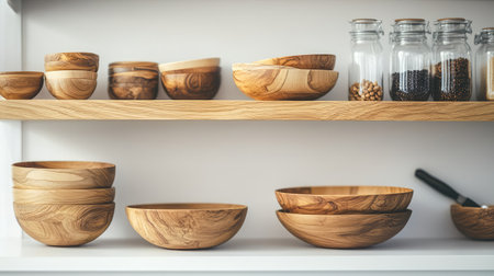 Open shelving with modern minimalist kitchen decor, wooden bowls, and glass jars. Clean copy space in background.の素材