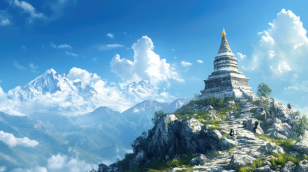 A stupa under a bright blue sky, surrounded by rocky terrain and calm nature, with space for creative additionsの素材