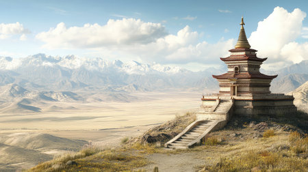 A stupa atop a hill, framed by vast open plains with distant mountains on the horizon and ample room for designの素材