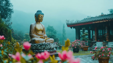 A golden Buddha statue framed by misty morning fog in a serene temple garden, with natural light highlighting the statue and clear space around itの素材