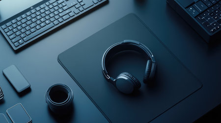 Bluetooth headset resting on black desk next to keyboard, tech communication gear layout with room for design or product placementの素材