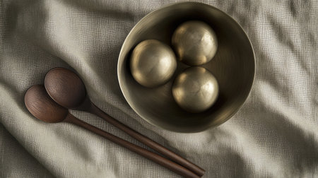 Flat lay of stainless steel and wooden kitchen utensils on a linen cloth with empty space in the center.の素材