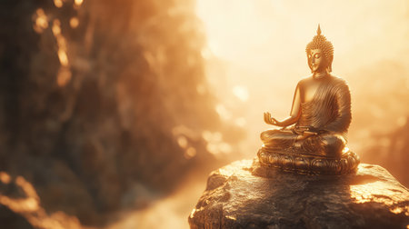 A golden meditating Buddha statue placed on a stone platform, illuminated by warm golden light, with a serene natural backdrop and space for creativityの素材