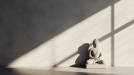 Buddha statue in corner of a minimalist room with soft light, peaceful atmosphere with space for text or interfaceの素材