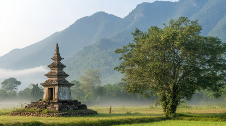 A stupa under the soft light of early morning, misty mountains in the background, surrounded by trees and calm atmosphereの素材