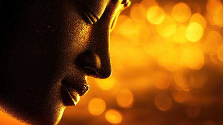 A close-up of a meditating Buddha statue's serene face, bathed in golden light, with an empty background offering space for creative text or brandingの素材