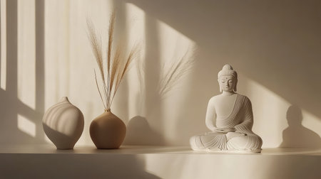 Buddha figurine on clean shelf with neutral wall behind, simple modern home decor with minimalist spaceの素材