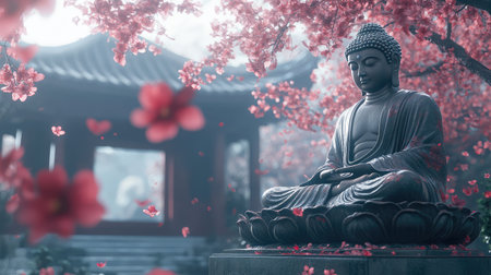 A meditating Buddha statue in a quiet temple garden, with soft light filtering through tree branches, leaving a clean background for design elementsの素材