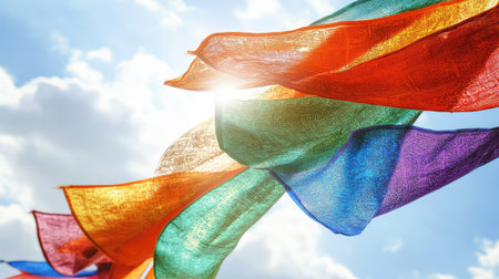 Flowing prayer flags fluttering against a bright sky, symbolizing compassion and wisdom with room for visual breathing spaceの素材