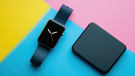 Digital flat lay with smartwatch and phone aligned on colorful abstract surface, futuristic tech aestheticの素材