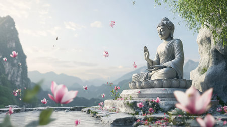 A meditating Buddha statue sitting on a peaceful stone platform, surrounded by delicate flowers and greenery, with clear sky and ample space above for designの素材