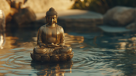 A golden Buddha statue with a calm expression, set against a tranquil pond with soft ripples and plenty of surrounding space for text or designの素材
