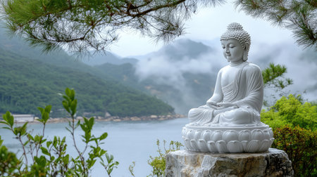 A meditating Buddha statue sitting on a stone pedestal, framed by gentle fog and green vegetation, with open sky space for content or designの素材