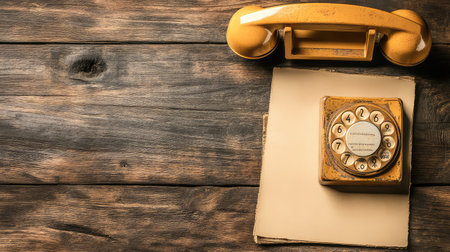 A landline phone off the hook on rustic desk, storytelling mood and quiet communication layout with empty spaceの素材